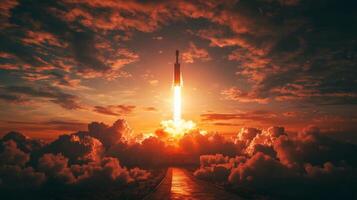 Rocket Launch at Sunset Space Exploration Cosmic Sunrise High Resolution Image photo
