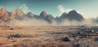 Dusty Desert Landscape Majestic Mountains Hazy Sky Arid Terrain Scenic Vista photo