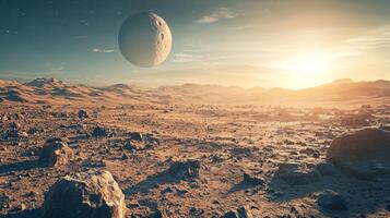 Alien Planet Sunrise Rocky Desert Landscape with Moon photo