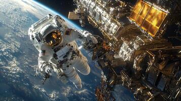 Astronaut Spacewalk Space Station Repair Earth Orbit View photo