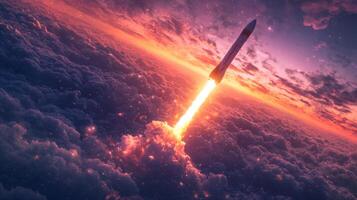 Majestic Rocket Launch at Sunrise Space Exploration Technology Clouds photo