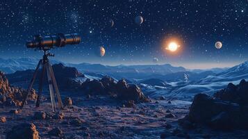 Alien Planet Landscape Telescope Planets Starry Night Sky Extraterrestrial Exploration photo