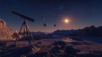 Alien Planet Landscape Telescope Planets Star Night Sky photo