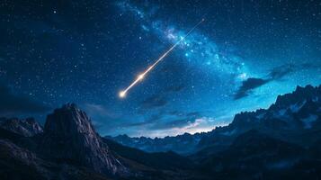 Majestic Meteor Shower over Mountain Range at Night photo