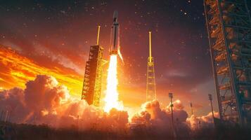 Fiery Rocket Launch at Sunset Space Exploration Cosmic Sunrise photo