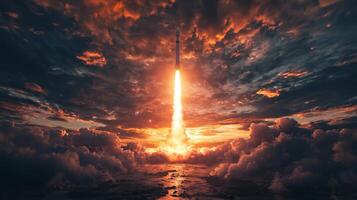 Dramatic Rocket Launch at Sunset Space Exploration High Resolution Imagery photo