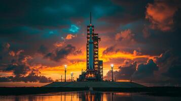 Dramatic Sunset Launch Rocket on Pad Fiery Sky Space Exploration photo