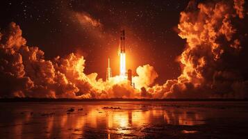 Dramatic Nighttime Rocket Launch Space Exploration Fiery Cloudscape photo