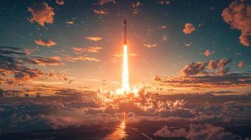 Dramatic Rocket Launch at Sunset Space Exploration Image photo