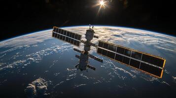 Space Station Orbiting Earth High Resolution Solar Panels Satellites Atmosphere Sun Clouds Planet photo