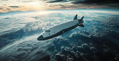 Futuristic Spacecraft Soaring Above Earth s Cloudscape at Sunset photo