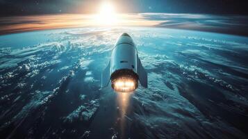 Futuristic Spaceship Ascending Above Earth High Resolution Space Exploration Image photo