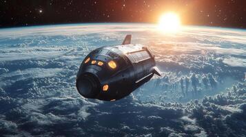 Futuristic Spaceship Orbiting Earth Sunrise Space Exploration photo