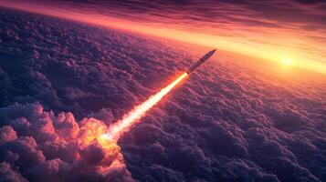 Dramatic Sunrise Rocket Launch Space Exploration Cloudscape photo