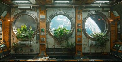 Spaceship Interior Earth View Plants Futuristic Room Space Exploration photo