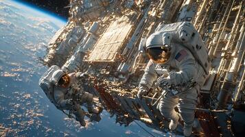 Space Station Astronauts Spacewalk Earth Orbit High Res Image photo