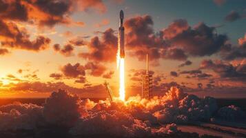 Dramatic Rocket Launch at Sunset Space Exploration Technology and Innovation photo
