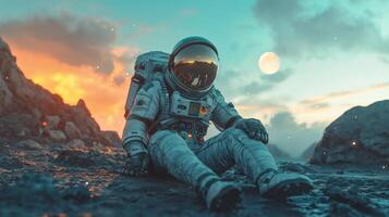 Astronaut on Alien Planet Sunset Exploration Space Suit Sci Fi Landscape photo