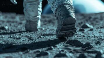 Astronaut Moonwalk Footprints on Lunar Surface Earth in Distance photo