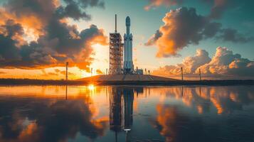 SpaceX Falcon 9 Rocket Launch at Sunset Dramatic Cloudscape Reflection photo