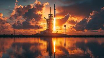 Dramatic Sunset Rocket Launch Space Exploration fiery sky water reflection photo