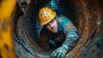 Industrial Worker in Rusty Pipe Confined Space Construction Maintenance photo