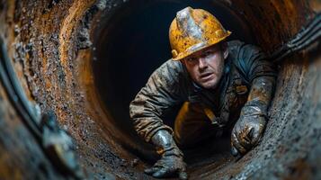 Confined Space Inspection Industrial Worker in Rusty Pipe photo