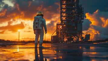 Astronaut at Sunset Space Rocket Launch Exploration photo