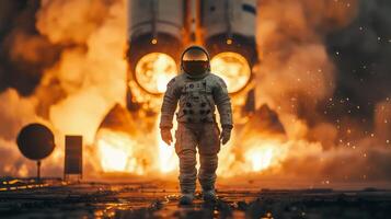 Astronaut at Rocket Launch Fiery Space Exploration Dramatic Scene photo