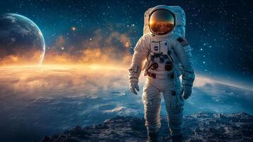 Astronaut on Moon Earthrise Space Exploration Lunar Surface High Resolution Image photo