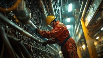 Industrial Worker Repairing Machinery in Confined Space photo