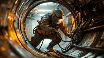 Industrial Worker Repairing Machinery in Confined Space photo