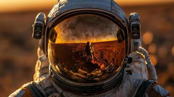 Martian Sunset Astronaut Reflection in Helmet Visor on Mars Exploration photo