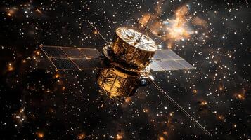 High Resolution Space Satellite Image Golden Satellite Solar Panels Antennas Stars Nebula Space photo