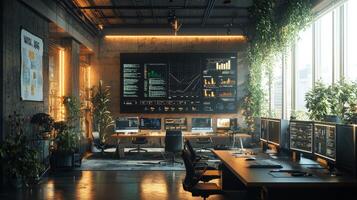 Modern Tech Startup Office Industrial Design Plants Data Displays photo