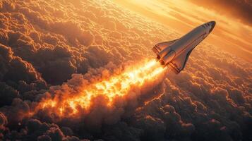 Space Shuttle Launch at Sunrise Fiery Ascent Through Clouds photo