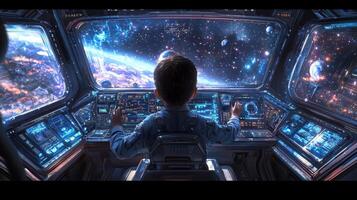 Futuristic Spaceship Cockpit Boy Pilot Space Exploration Galaxy View photo