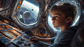 Boy Astronaut in Futuristic Spaceship Cockpit Space Exploration Child Pilot photo