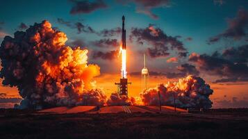 Dramatic Rocket Launch at Sunrise Space Exploration Technology and fiery Clouds photo