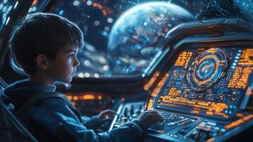 Boy Pilot in Futuristic Spaceship Cockpit Space Exploration Sci Fi photo