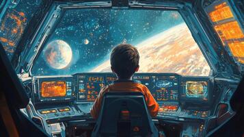 Child Astronaut in Futuristic Spaceship Cockpit Space Exploration photo