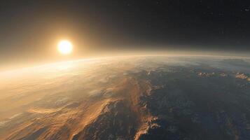 Stunning High Resolution Earth Dawn Space View Golden Atmosphere Clouds Planet Curvature photo