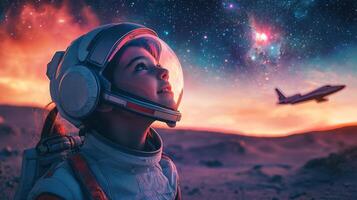 Martian Girl Astronaut Space Exploration Nebula Sunset photo