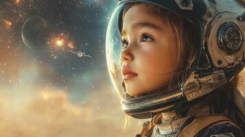 Martian Girl Child Astronaut in Spacesuit Nebula Planet photo