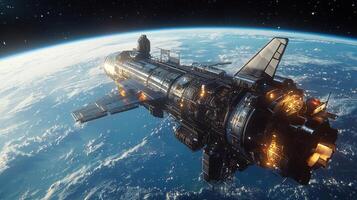 Futuristic Spaceship Orbiting Earth High Resolution Sci Fi Artwork photo