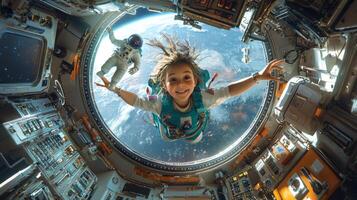 Joyful Girl Astronaut Floating in Space Station Earth View photo
