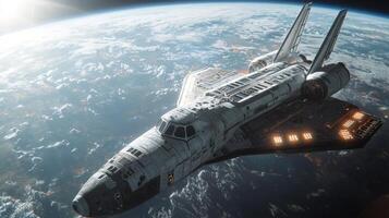 Space Shuttle Orbiting Earth Futuristic Spaceship High Resolution Image photo