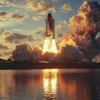 Space Shuttle Launch at Sunrise Dramatic Space Exploration Image photo
