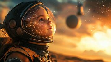 Martian Girl Astronaut Child in Space Suit Nebula Planets photo