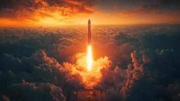 Fiery Rocket Launch at Dawn Space Exploration Cloudscape photo